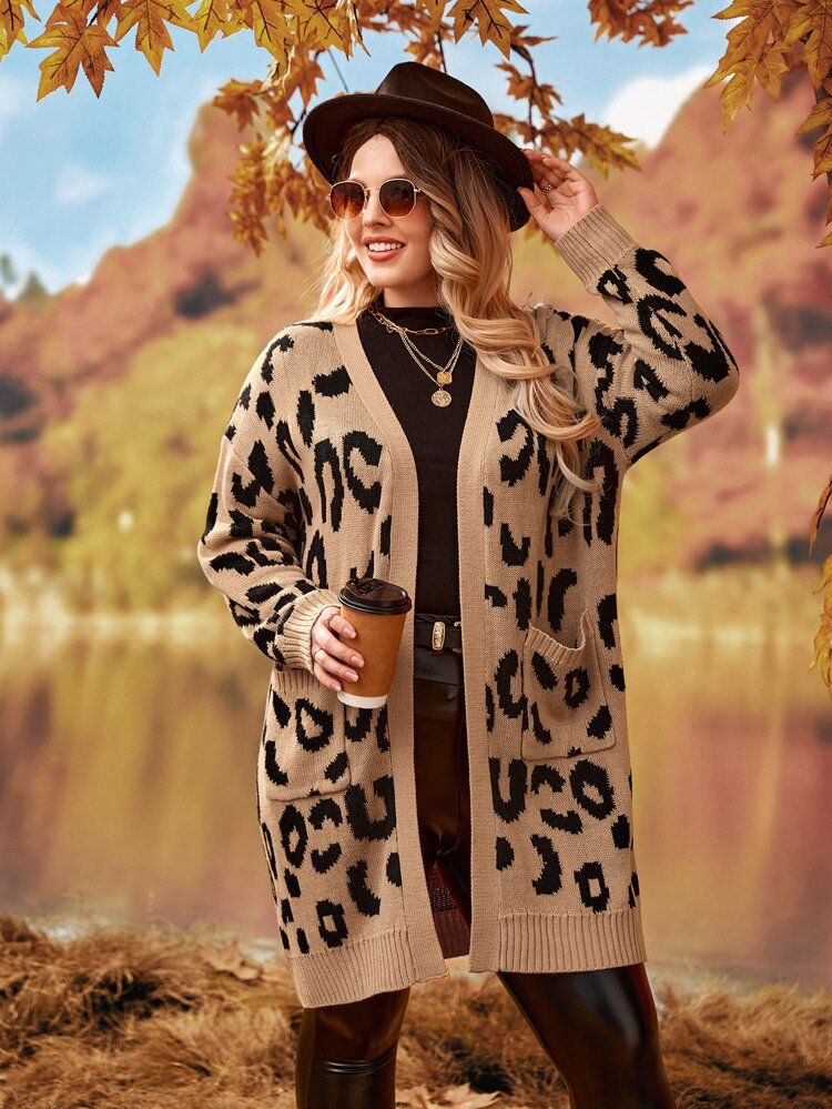 Plus Leopard Pattern Drop Shoulder Cardigan | SHEIN