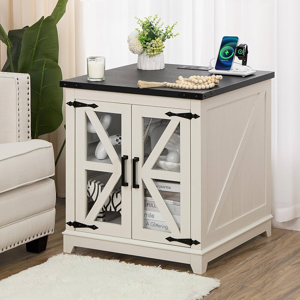 Farmhouse End Table,24" Large Sofa Side Table with Charging Station Glass Barn Door,Wood Nightsta... | Amazon (CA)