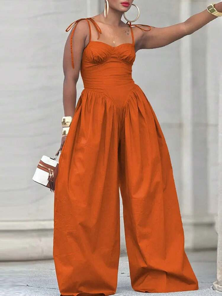 GLOURI Women's Olive Green Wide-Leg Jumpsuit - Spaghetti Strap & Sweetheart Neck & Ruched Bodice & Oversized Balloon Leg Detail | Bold Dramatic Fit For Urban Street Outings For Effortlessly Stylish Looks | SHEIN