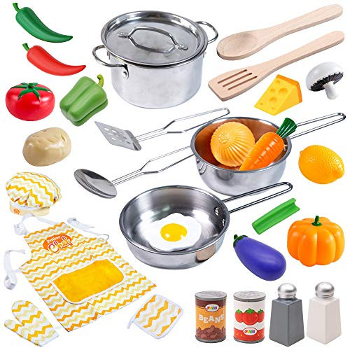 JOYIN 29 Pcs Play Kitchen Accessories Kids Pots and Pans Playset, Toy Kitchen Sets with Stainless St | Amazon (US)