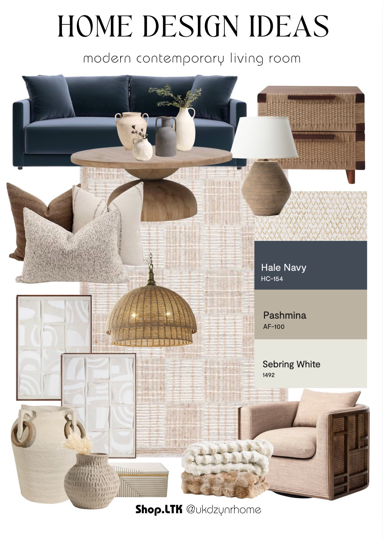 Modern Contemporary Living Room | Blue Sofa | Rattan Accent Table with Drawers | Decorative Pillows | Paint Combinations | Rattan Pendant Lights | Ceramic Table Lamp | Contemporary Wall Art | Home Decor | Pedestal Coffee Table | Accent Chair 

#LTKHome