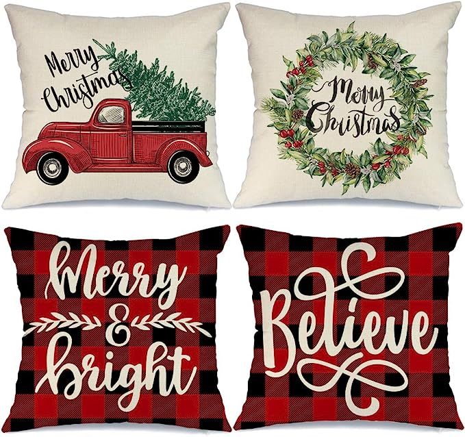 AENEY Buffalo Plaid Christmas Pillow Covers 18x18 Set of 4 Marry Bright Christmas Pillows Winter ... | Amazon (US)