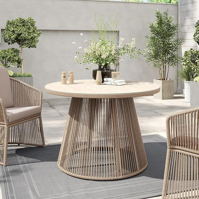 SUNSITT 43” Outdoor Dining Table, Patio Round Table for 4, Modern Patio Dining Table w/Beige Ra... | Amazon (US)