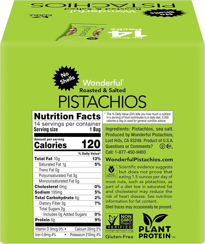 Wonderful Pistachios No Shells, Roasted & Salted Nuts, 0.75 Ounce Bag (Pack of 14), Protein Snack... | Amazon (US)