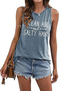 Ocean Air and Salty Hair Tank Top Women Funny Beach Tanks Sleeveless Summer Vacation Vest Shirt | Amazon (US)