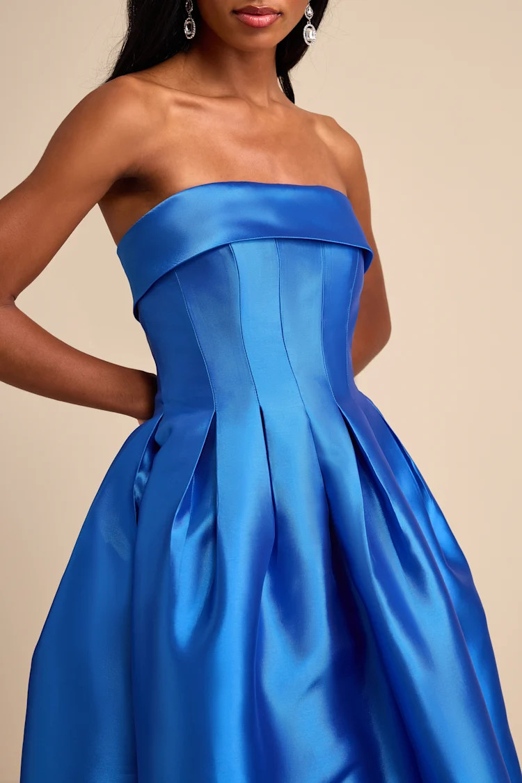 Novalie Blue Taffeta Pleated Strapless A-Line Maxi Dress | Lulus