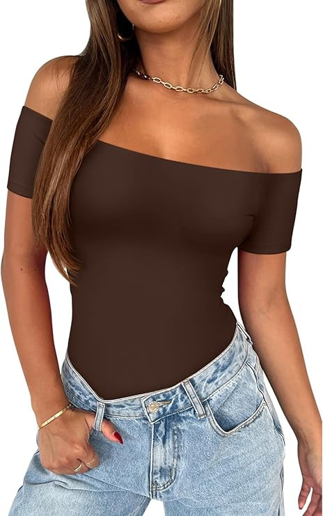 REORIA Women Sexy Off The Shoulder Short Sleeve Backless Basic Double Lined Thong Bodysuit Tops | Amazon (US)