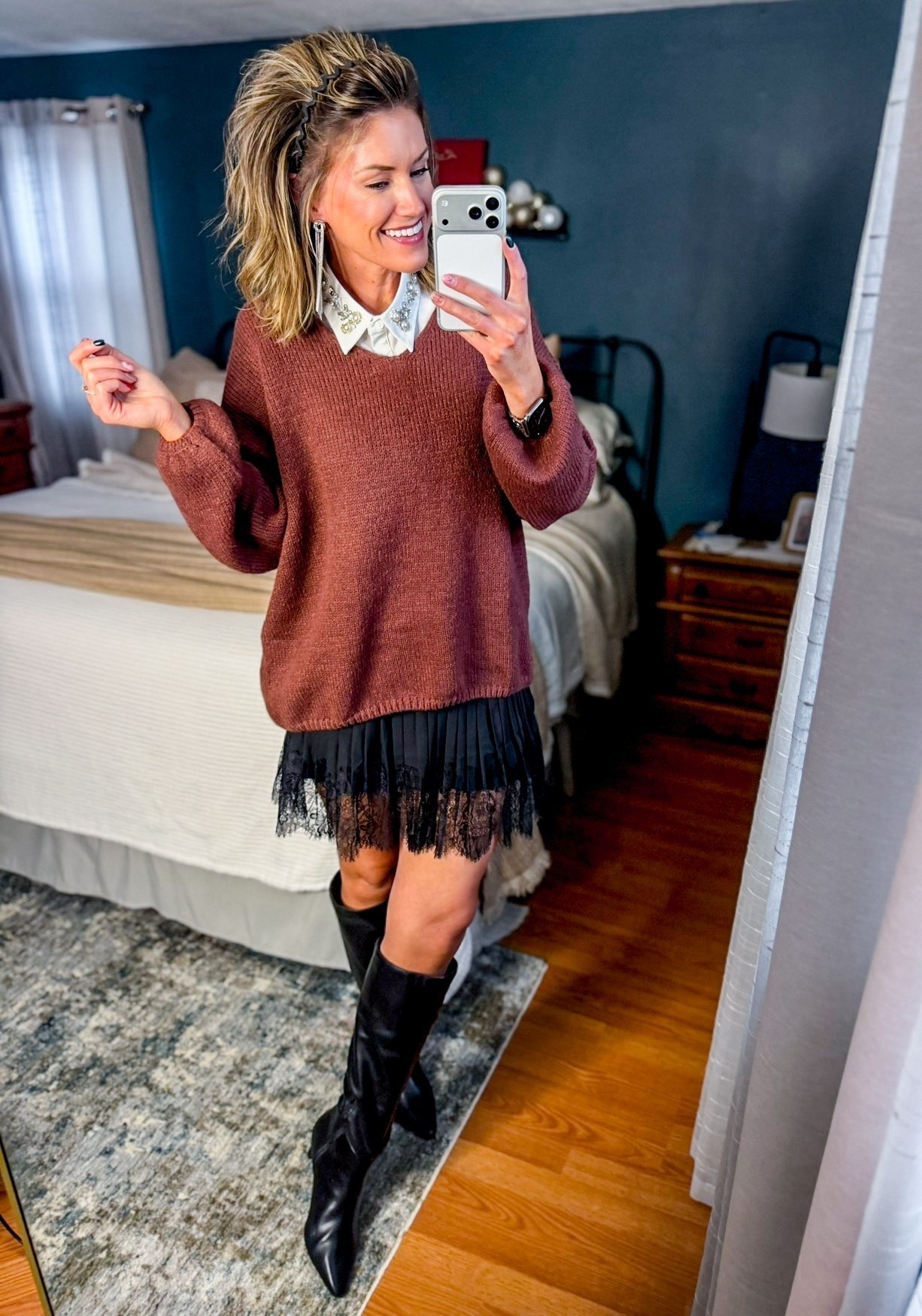 This embellished collar and lace trimmed skirt are both easy ways to dress up a sweater you already have in your closet. 
Sweater/medium
Skirt/mediumm

#LTKSeasonal #LTKHoliday
