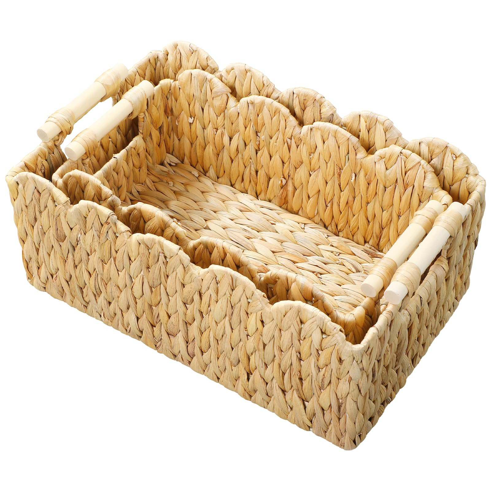 Scalloped Edge Wicker Basket,Hand-Woven Rattan Baskets with Wooden Handles,Natural Water Hyacinth... | Amazon (US)