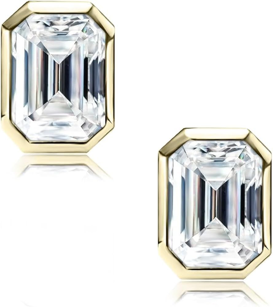 Raneecoco 4.0ct Total Emerald Cut Cubic Zirconia CZ Earrings Stud / 18K Gold Plated Sterling Silv... | Amazon (US)