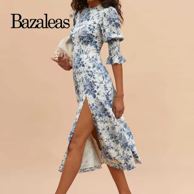 Bazaleas Chic Blue Big Floral Print Split Girl Dress Retro O Neck Half Flare Sleeve Vestidos Vint... | AliExpress (US)