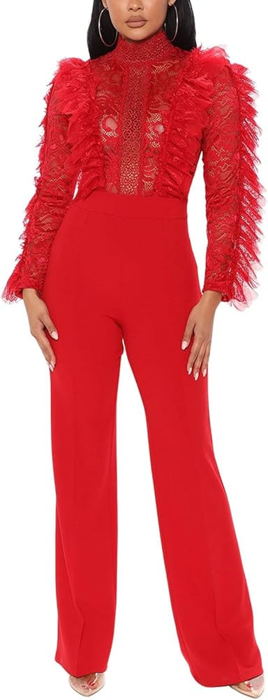 Womens Sexy See Through Lace Jumpsuit Fringe Long Sleeve Mesh Top Wide Leg Pants Bodycon Romper C... | Amazon (US)