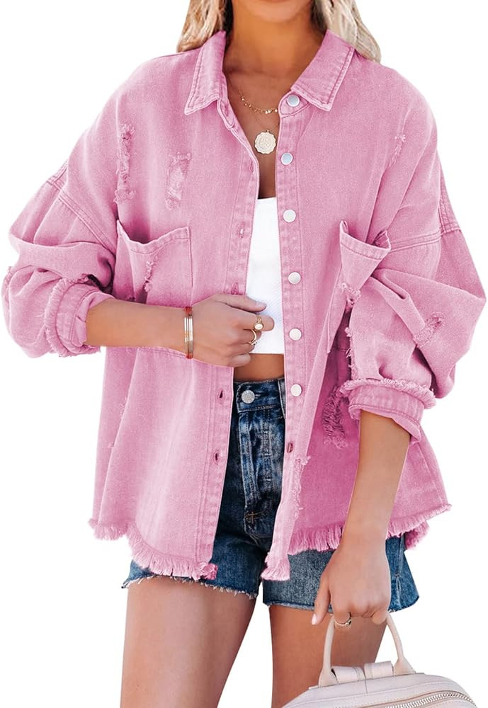 EVALESS Jean Jacket for Women Distressed Frayed Denim Jacket Ladies Ripped Stretchy Jacket With P... | Amazon (US)