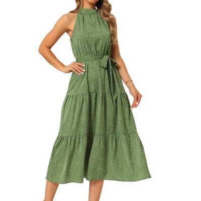 INSPIRE CHIC Women's Summer Leopard Print Sleeveless Halter Neck Tiered A-Line Midi Dresses with Belt Medium Green | Target