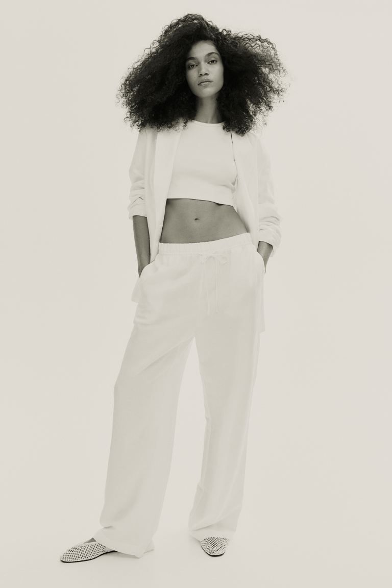 Linen-blend Pull-on Pants - High waist - Long - White - Ladies | H&M US | H&M (US + CA)
