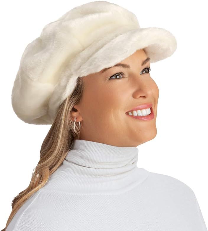 Collections Etc Faux Fur Newsboy Winter Hat, Stylish Plush Cap | Amazon (US)