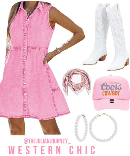 Western chic outfit idea!! Denim dress, white cowboy boots, pink trucker hat, pink silk scarf!! Concert outfit idea! Western outfit! Cowboy outfit idea!! 