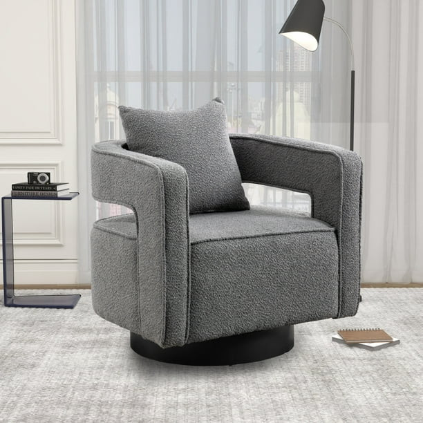 Swivel Accent Barrel Chair, Boucle Fabric Armchair with Curved Open Back and Black Base, 360 Degr... | Walmart (US)