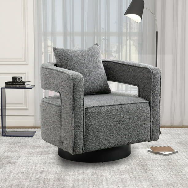 Swivel Accent Barrel Chair, Boucle Fabric Armchair with Curved Open Back and Black Base, 360 Degr... | Walmart (US)