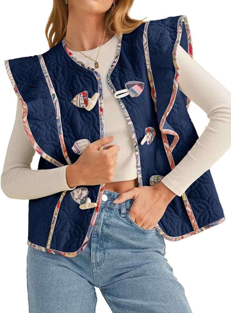 Tankaneo Womens Puffer Vest Ruffle Sleeveless Floral Patchwork Quilted Vest Wooden Toggle Padded ... | Amazon (US)