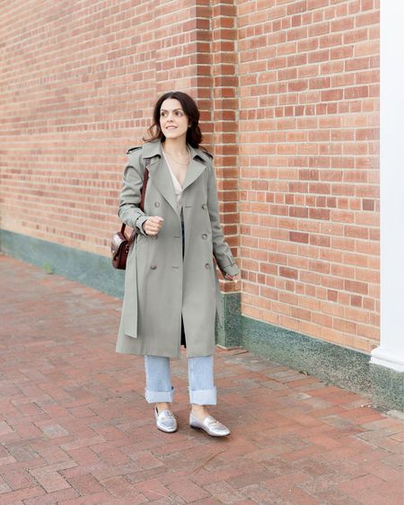 Monthly planner look | Olive Trench coat for Spring | cardigan, straight jeans, metallic loafer, red crossbody bag 

#LTKstyletip