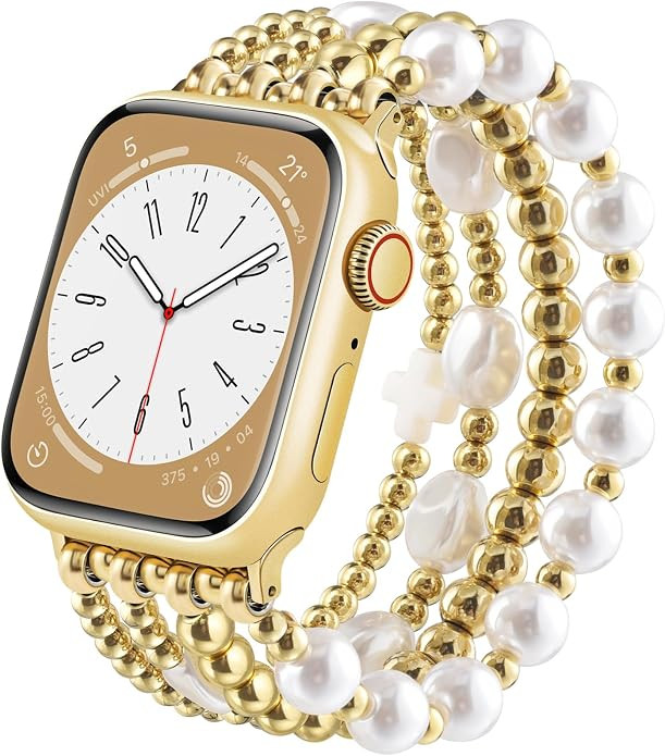 AIRSPO Gold Beaded Bracelets Compatible for Apple Watch Band 38mm 40mm 41mm 42mm 44mm 45mm 46mm W... | Amazon (US)