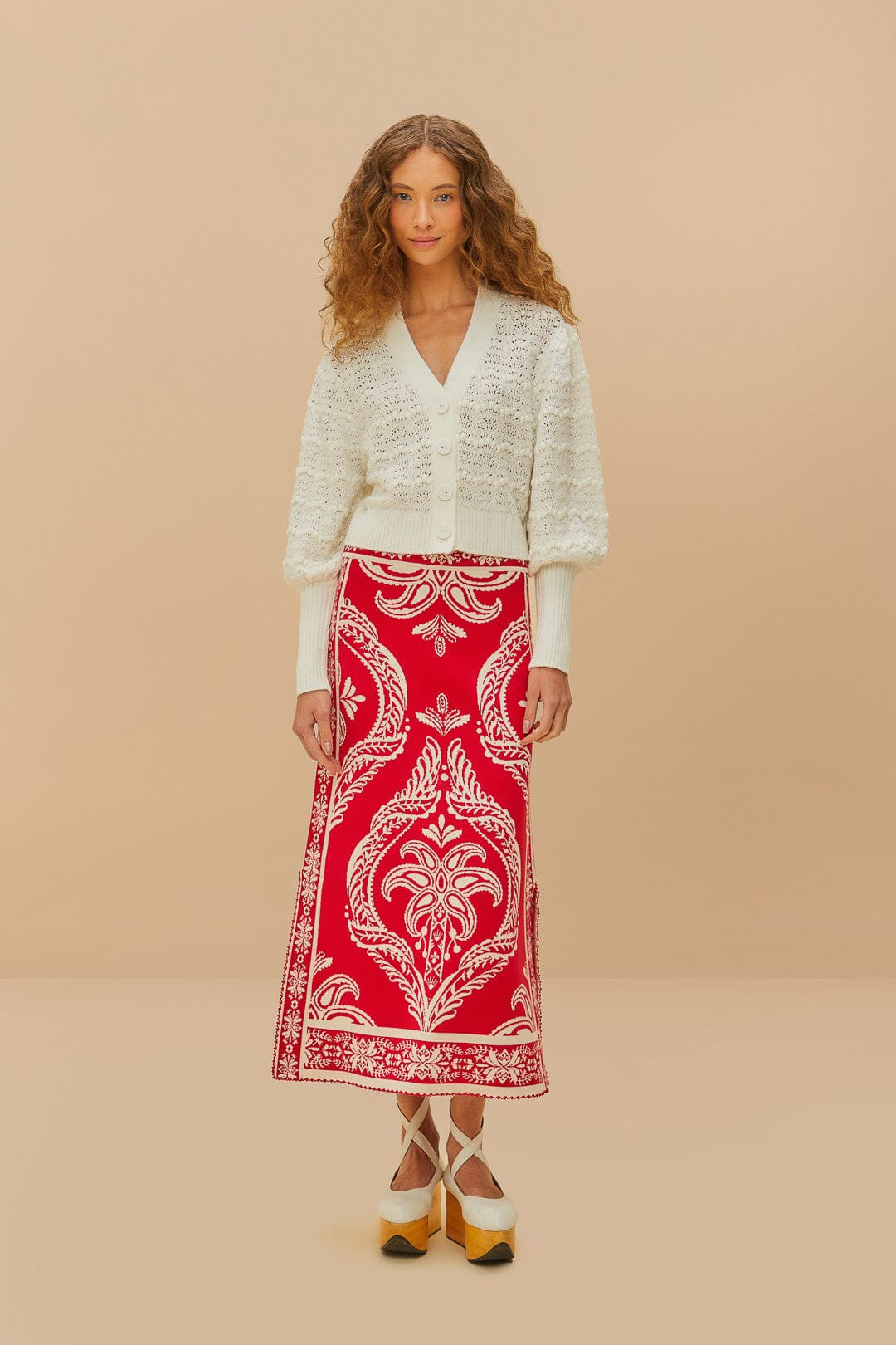 White Lace Stitch Knit Crop Cardigan | FarmRio (US)