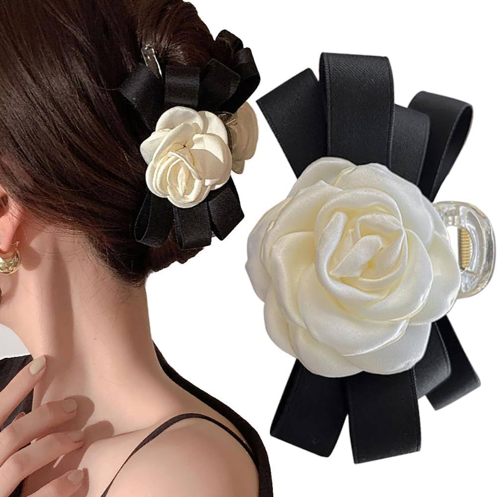 Myhiju 1 Pcs Camellia Flower Hair Clips,White Flower Black Bow Claw Clips Sweet Kawaii Cute Bowno... | Amazon (US)