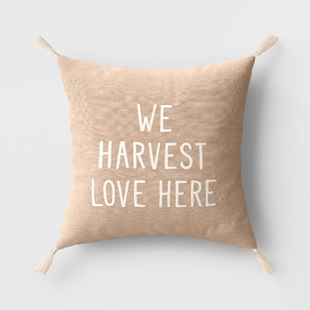 &#39;Embroidered &#39;We Harvest Love Here&#39; Square Throw Pillow Brown/Cream - Threshold&#8482... | Target
