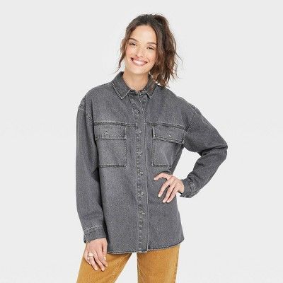 Women&#39;s Long Sleeve Oversized Utility Button-Down Shirt - Universal Thread&#8482; Gray M | Target