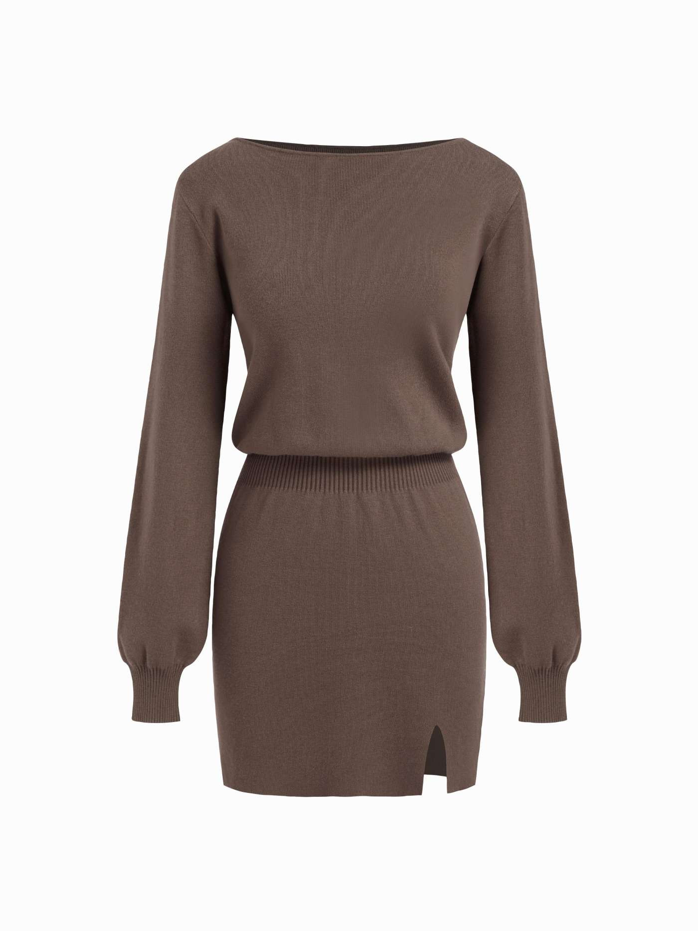 Knit Fabric Knit Boat Neck Long Sleeve Split Mini Dress For Work | Cider