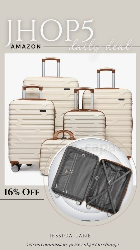 Amazon daily deal, save 16% on this gorgeous five piece luggage set, lots of color options available. Luggage set, summer travel, 5 piece luggage set, hard case luggage, bag, Travel finds, Amazon accessories, Amazon luggage, Amazon deal

#LTKSaleAlert #LTKTravel #LTKItBag