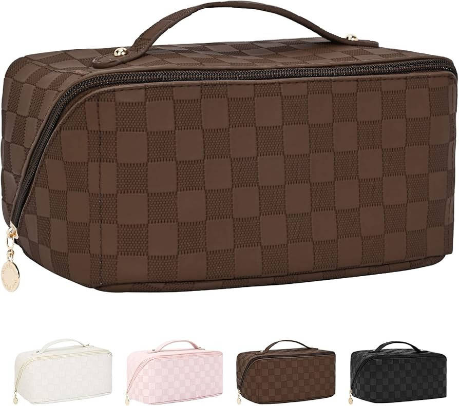 SOIDRAM Large Capacity Travel Cosmetic Bag Makeup Bag Checkered Leather Makeup Bag Organizer Wome... | Amazon (US)
