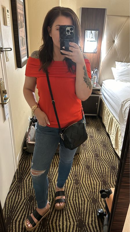Outfit of the night 
Millennial
Off the shoulder top
Red top
Skinny jeans
Wedge sandals (the most comfortable wedges ever!!!)

#LTKShoeCrush #LTKStyleTip #LTKTravel