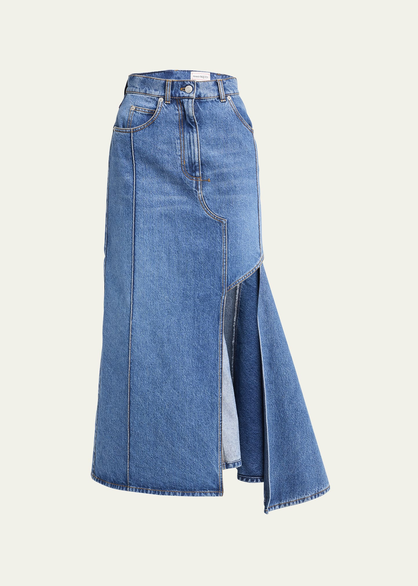 Alexander McQueen Denim Midi Skirt with Asymmetric High Slit | Bergdorf Goodman