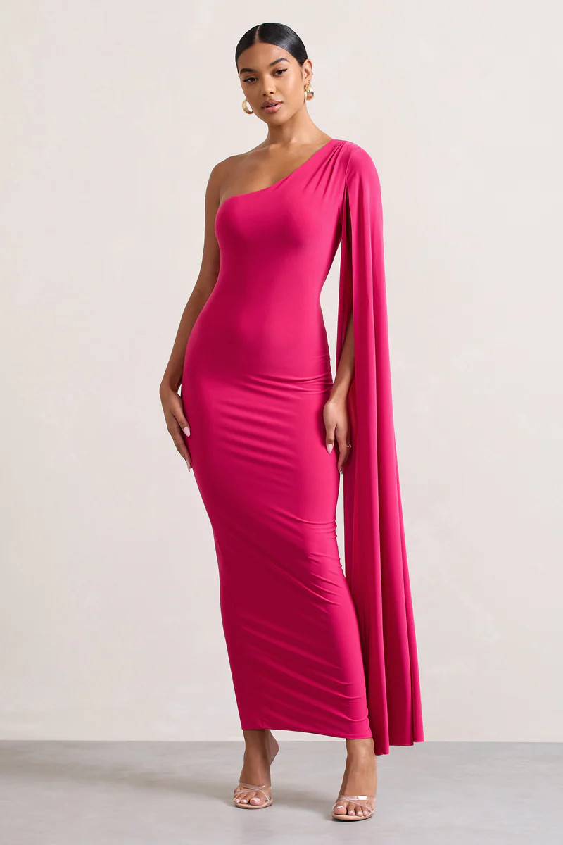 Dominique | Hot Pink One Shoulder Cape Sleeve Bodycon Maxi Dress | Club L London