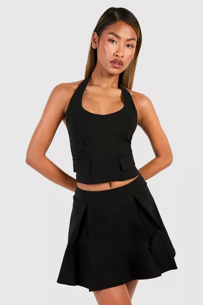 Pocket Detail Halterneck Top & Pleated Mini Skirt | boohoo (US & Canada)