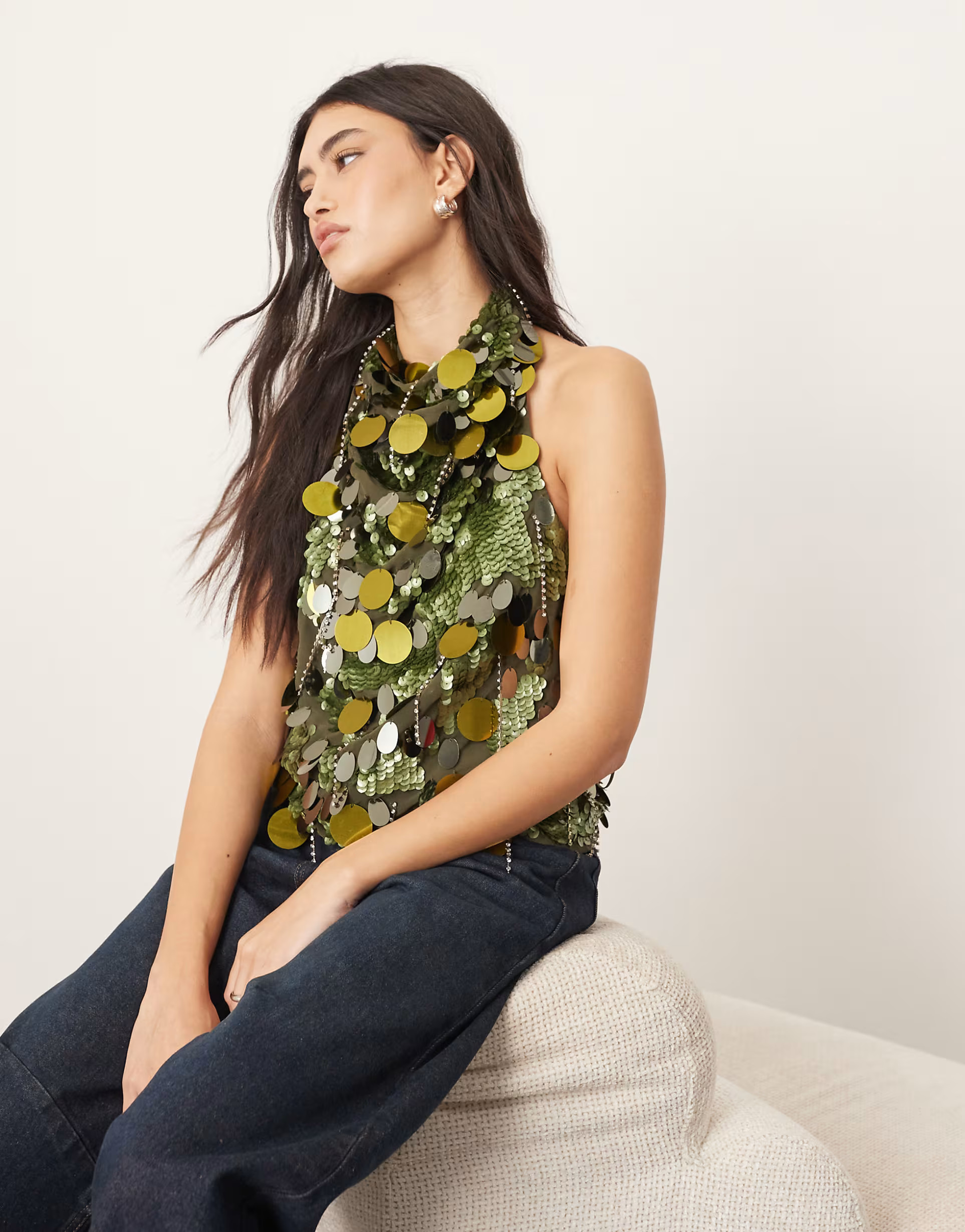 ARRANGE embellished sequin and fringe halter cowl neck top in dark khaki | ASOS (Global)