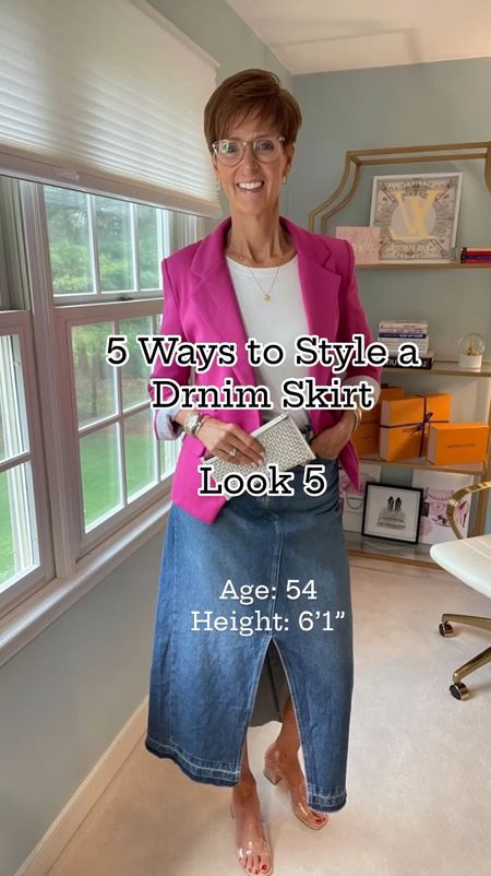 5 ways to style a denim maxi skirt
For this look we dresses it up. A white knit cap sleeve top with a bright pink blazer.

Hi I’m Suzanne from A Tall Drink of Style - I am 6’1”. I have a 36” inseam. I wear a medium in most tops, an 8 or a 10 in most bottoms, an 8 in most dresses, and a size 9 shoe. 

Over 50 fashion, tall fashion, workwear, everyday, timeless, Classic Outfits

fashion for women over 50, tall fashion, smart casual, work outfit, workwear, timeless classic outfits, timeless classic style, classic fashion, jeans, date night outfit, dress, spring outfit, jumpsuit, wedding guest dress, white dress, sandals

#LTKFindsUnder100 #LTKStyleTip #LTKOver40