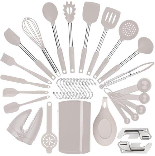 Silicone Kitchen Cooking Utensils Set with Stainless Steel Handle, Spatula Set Utensil Set, Cooking Utensil Set,Kitchen Tools Gadgets for Nonstick Cookware (35, Khaki) | Amazon (US)
