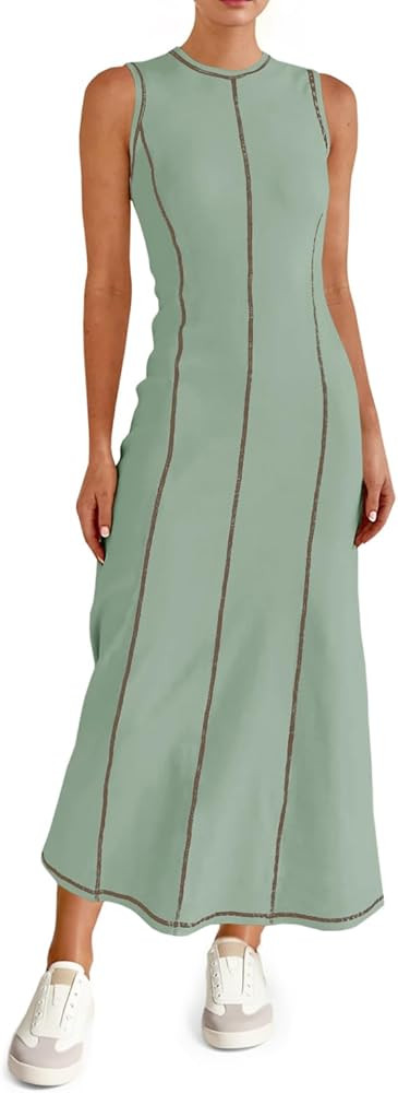 Wenrine Womens Tank Maxi Dress Sleeveless Crew Neck Knit Ribbed Summer Contrast Stitch Dresses | Amazon (US)