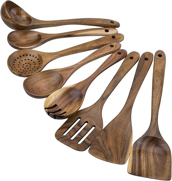 Premium 8-Piece Teak Wood Cooking Utensil Set - Heat Resistant, Lightweight & Sturdy Wooden Spoon... | Amazon (US)