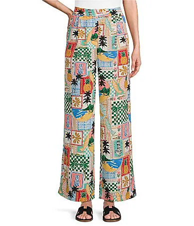 Skies Are Blue Postcard Printed High Waist Wide Leg Elastic Back Pant - M | Dillard's