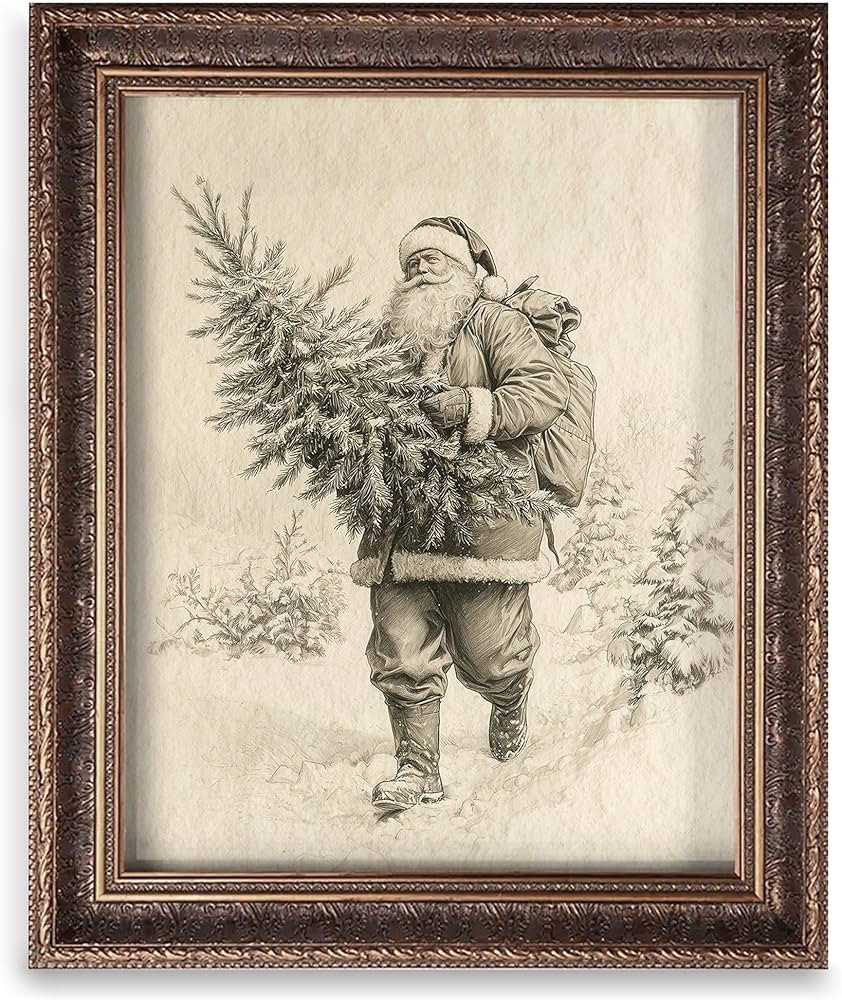 Vintage Christmas Tree Painting Print, Santa Claus Christmas Art Print, Antique Holiday Winter Wa... | Amazon (US)