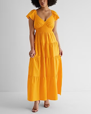 V-Neck Flutter Sleeve Tiered Maxi Dress | Express