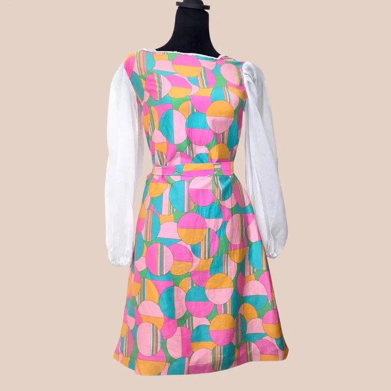 Vintage 1960s Mod Shift Dress | Handmade Geometric Bright Multi-color Circle Print w Bishop Sleev... | Etsy (Global)