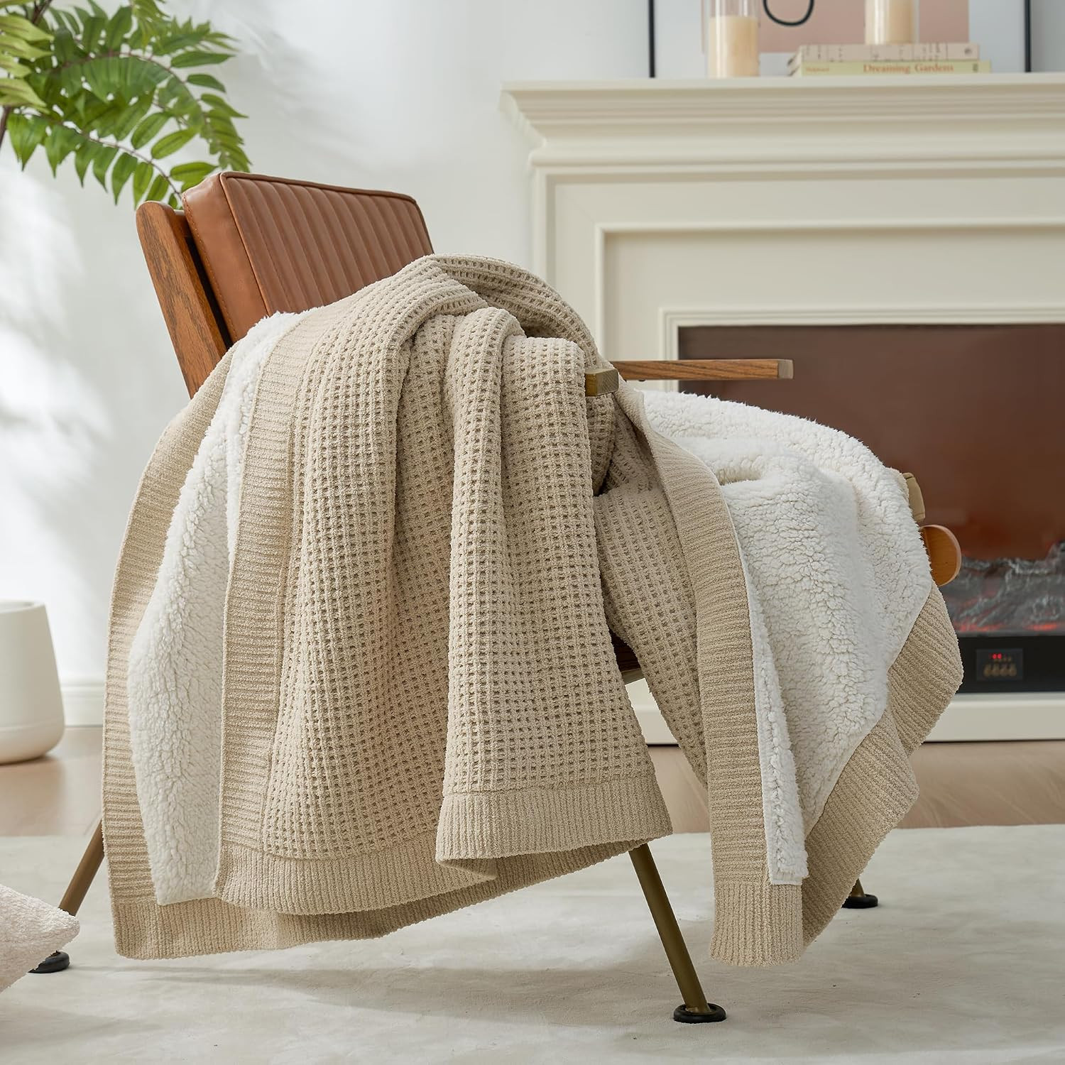 Amélie Home Waffle Double-Layer Sherpa Knit Throw, Beige, 50" x 60" | Amazon (US)