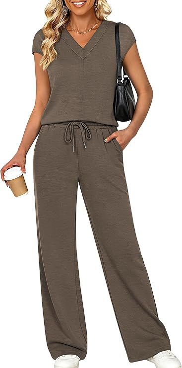 Casly Lamiit Two Piece Sets for Women Summer Travel Outfits V Neck Cap Sleeve Top Wide Leg Pant S... | Amazon (US)