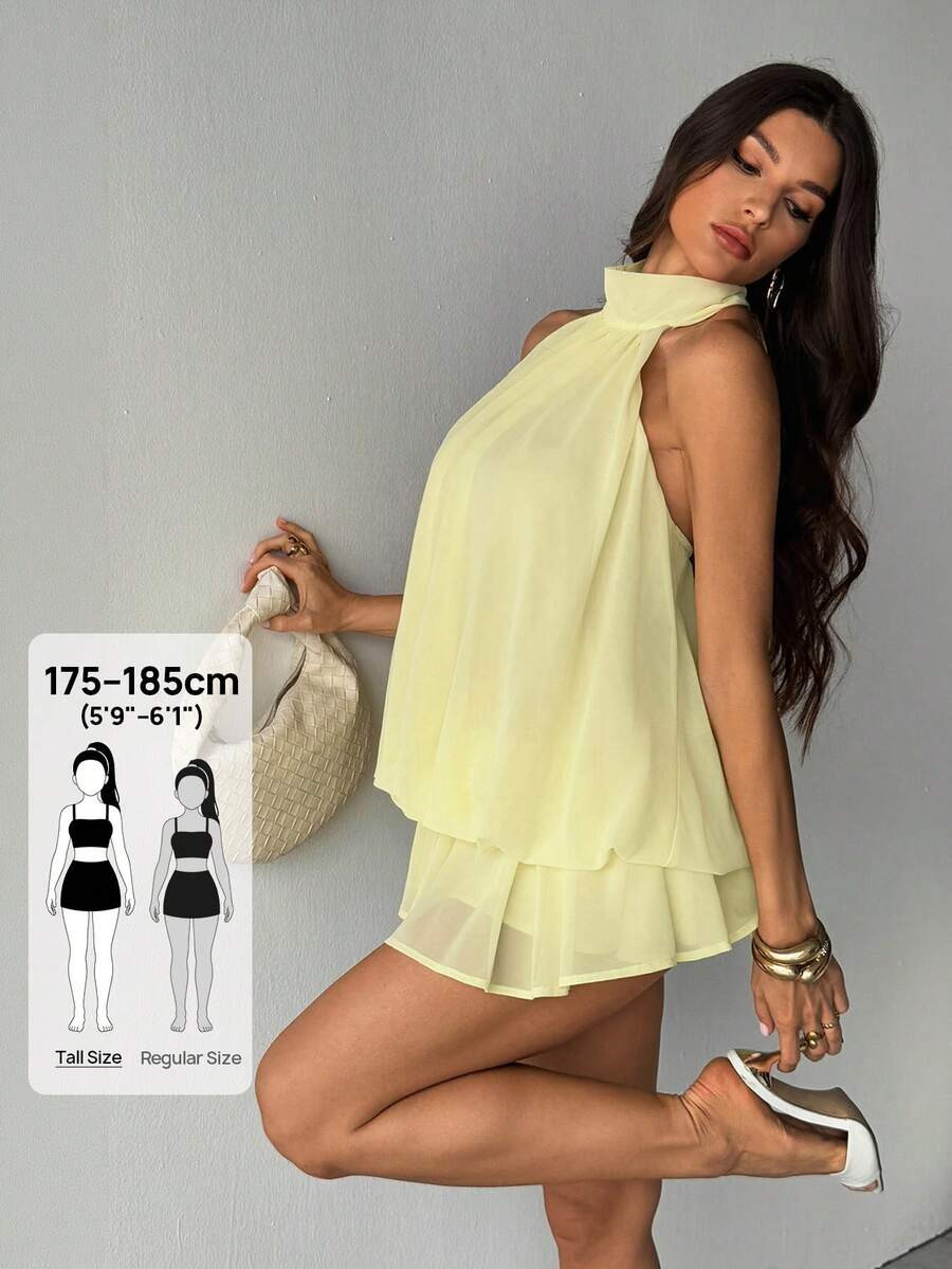 SHEIN Tall Elegant Sleeveless Tie-Neck Mini Dress In Pale Yellow, Suitable For Party, Date, Autum... | SHEIN