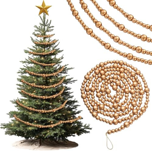 Briwooody 27 ft Long Christmas Wood Bead Garland 3 Pcs 9 ft Wood Christmas Tree Garland Decoration Vintage Beaded Garlands for Xmas Wedding Holiday Farmhouse Home Boho Decor (Gold) | Amazon (US)
